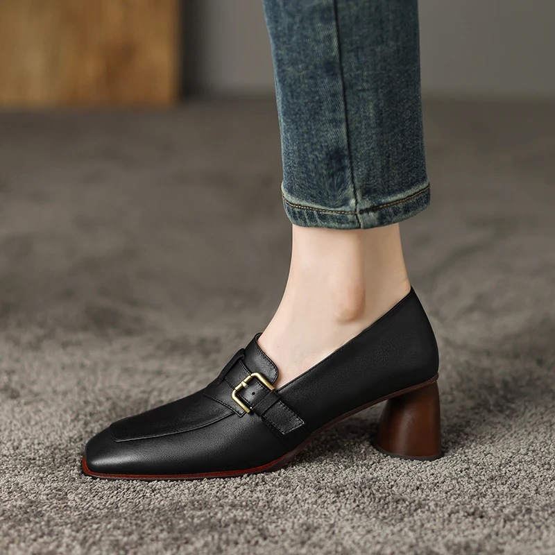 李大龙~牛皮6公分/法式复古时尚粗跟方头单鞋春秋季中跟乐福鞋