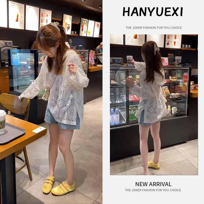 今年流行穿搭一整套2025新款镂空连帽设计百搭针织衫牛仔短裤套装