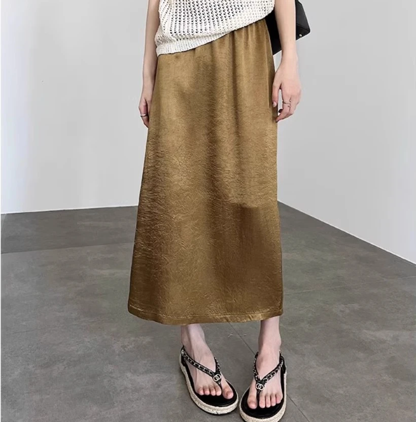 开叉醋酸半身裙女2025夏季薄款大码胖mm高腰a字新中式鎏金缎面裙