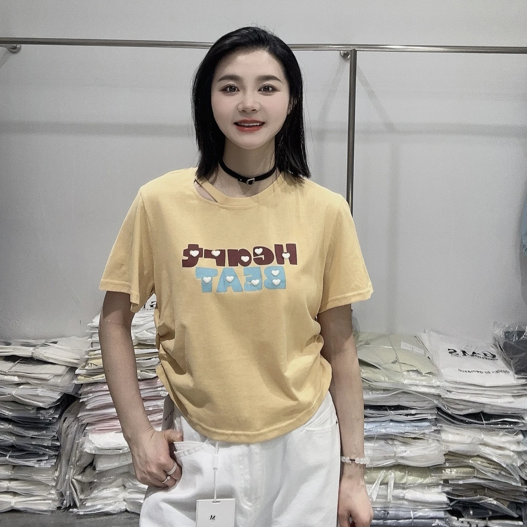 LMM 9275 夏季韩版时髦洋气字母短袖T恤女抽绳显瘦小众上衣体恤