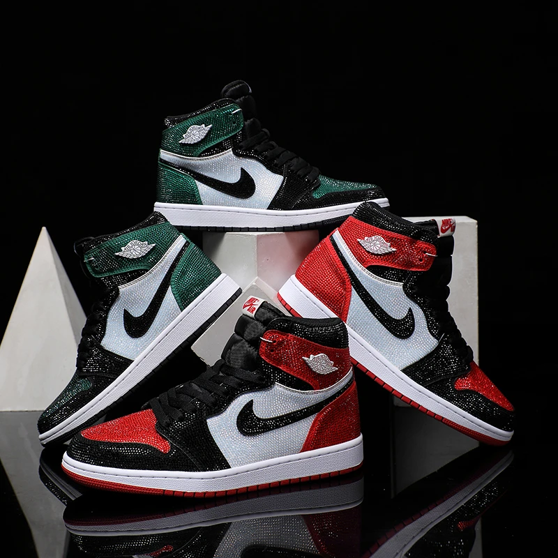 NIKE/耐克Air Jordan 1 黑红黑绿脚趾满钻潮流镶钻情侣【定制球鞋】