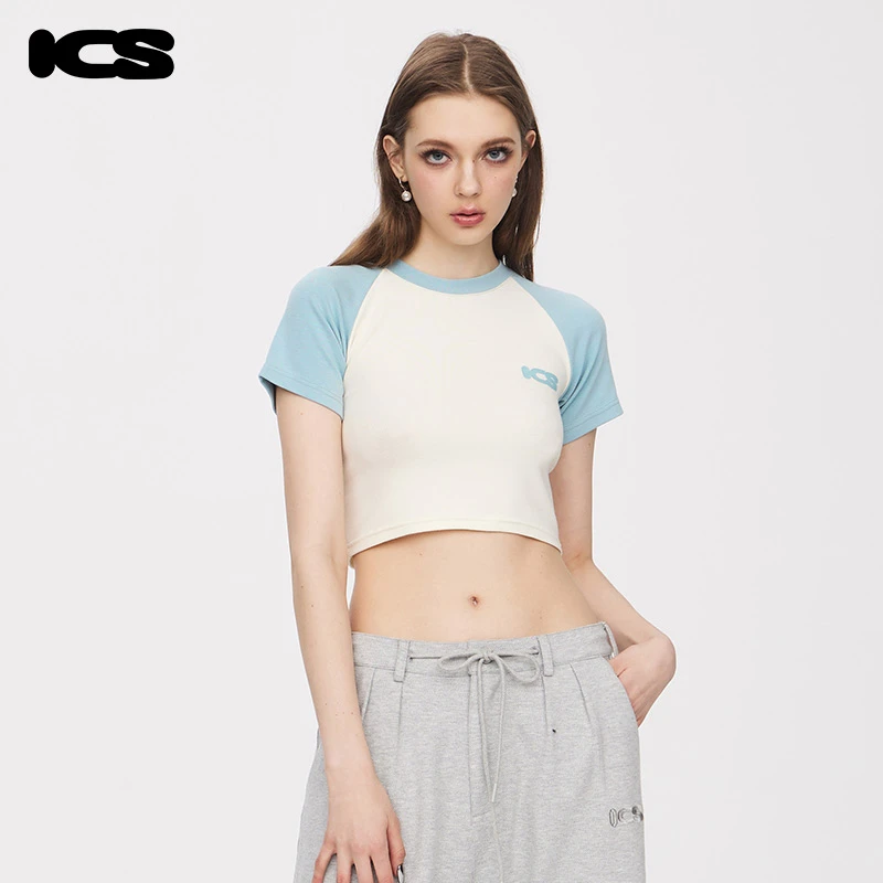 高弹力基础logoICS插肩袖短款女T恤露脐高腰辣妹短袖IC01232973