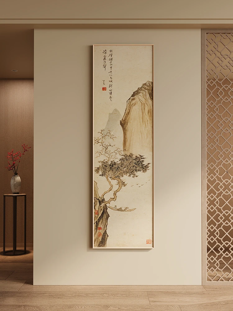 新中式玄关装饰画山水画竖版长条中国风客厅过道挂画书房茶室壁画