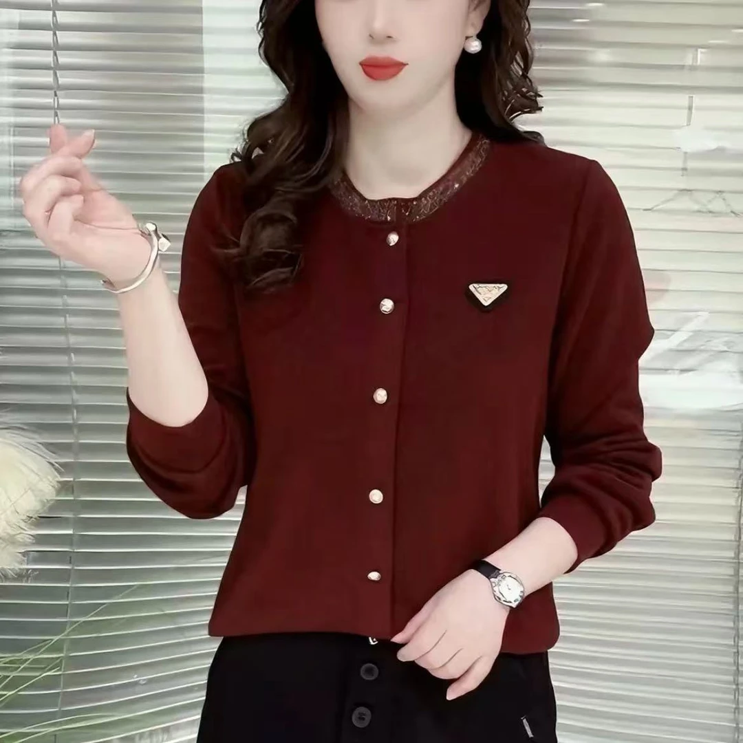 2025春季新款时尚洋气百搭显瘦休闲薄款上衣长袖女士妈妈装打底衫