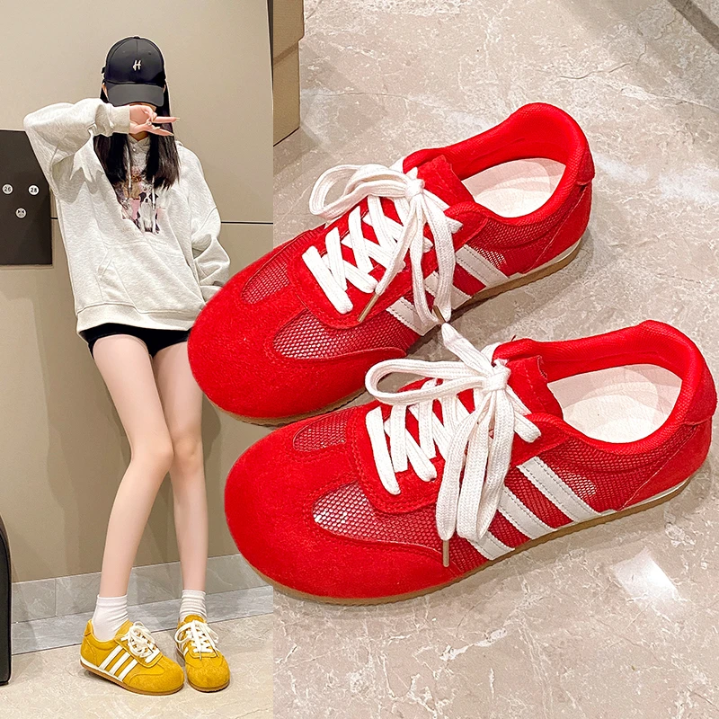 红色网面德训鞋女2025夏季新款透气百搭轻便软底运动鞋子休闲板鞋