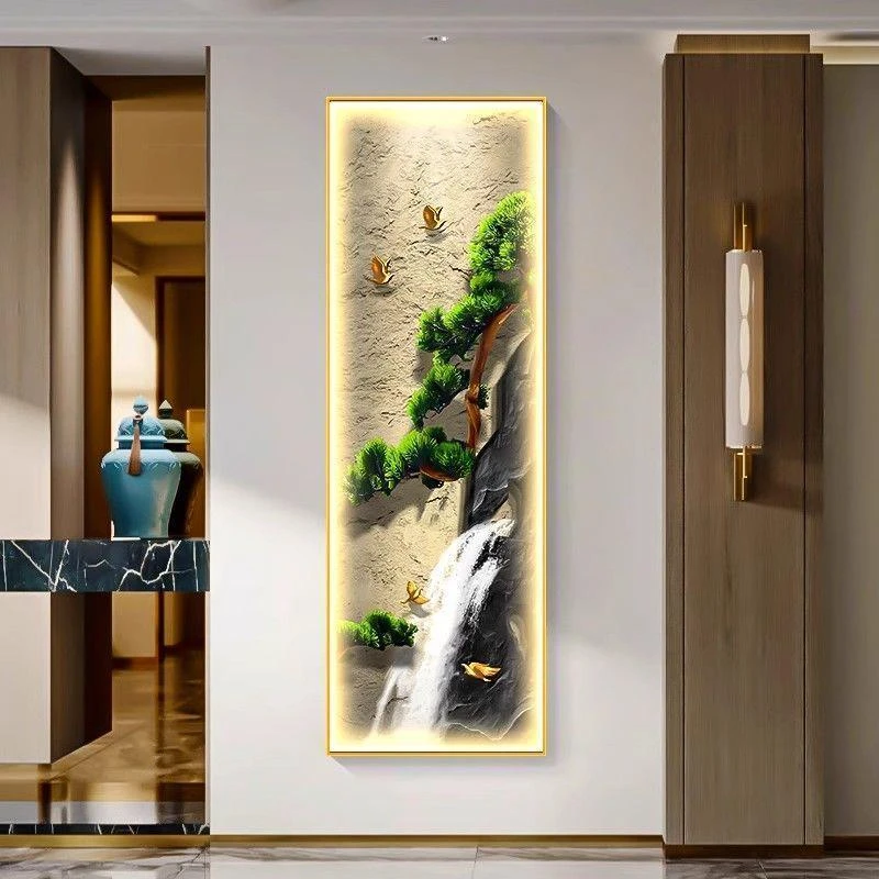 新中式流水生财玄关装饰画进门正对墙挂画高级感迎客松壁画氛围画