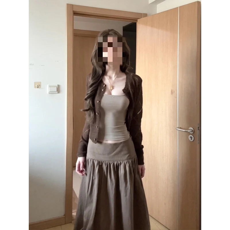 MARIE.COCO小个子穿搭长袖针织开衫上衣女秋季新款拼接半身裙套装