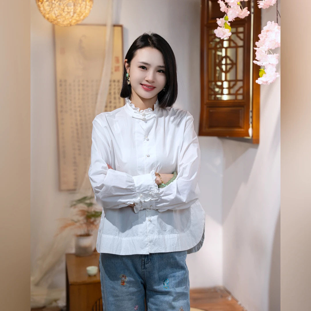新中式国风定制高级立领泡泡袖时尚百搭女款衬衣（朵朵）SH0018
