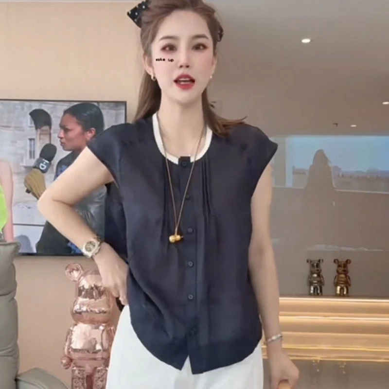 撞色圆领短袖衬衫2025夏季宽松显瘦薄款气质小衫洋气新款上衣潮