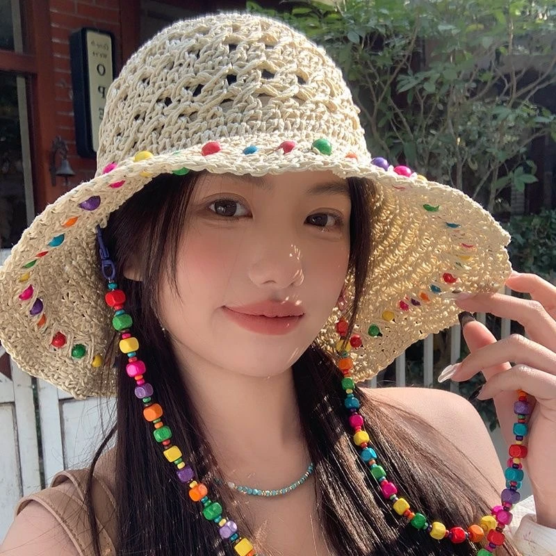 泫雅风彩色木珠宽檐草帽夏季草编民族风防晒可折叠渔夫帽遮阳帽潮