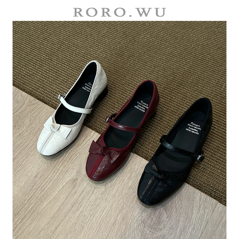 娆娆吴·羊皮减龄一字松紧带舒适简约蝴蝶结粗跟百搭气质单鞋D595