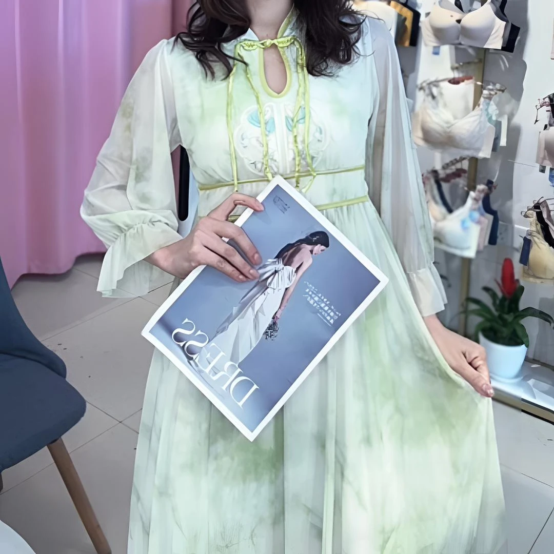 女长袖成人奢华中式印花刺绣睡裙设计感夏季小众休闲百搭长款