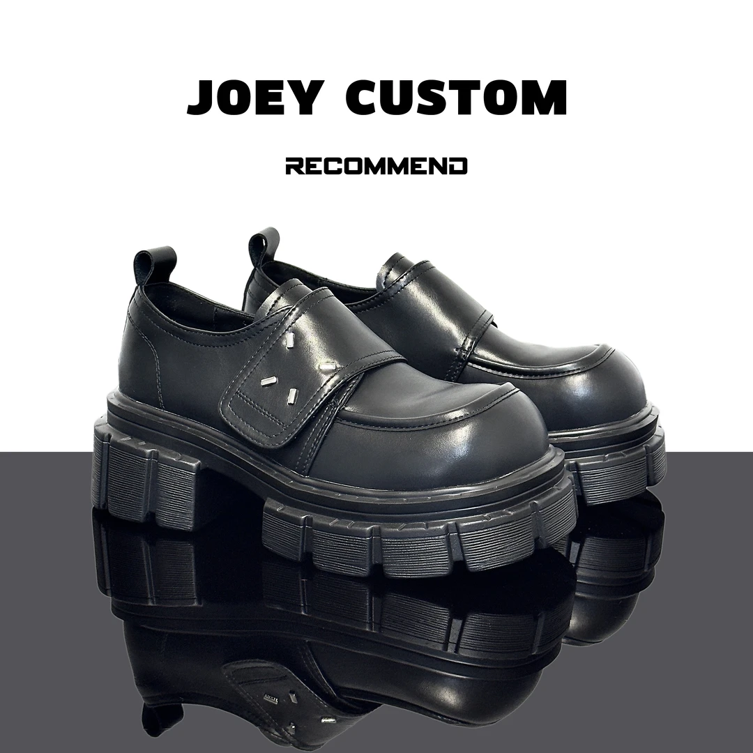 JOEY | 黑色真皮魔术贴粗跟乐福鞋女款简约小皮鞋 9702