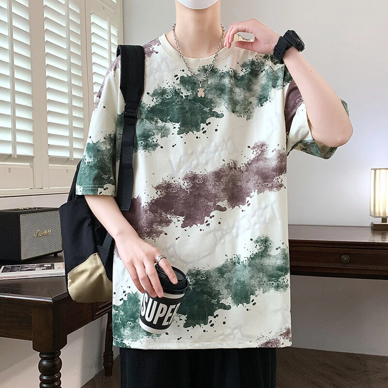 2025夏季新款港风阔版喷墨彩色水画工艺圆领短袖潮流学生短袖休闲