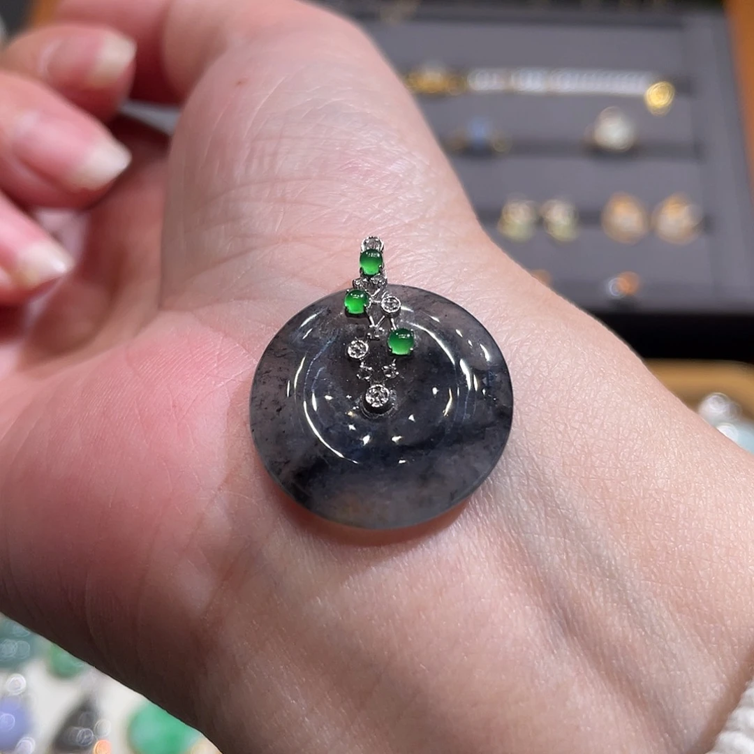 翡翠颈饰18K金镶嵌乌鸡平安扣