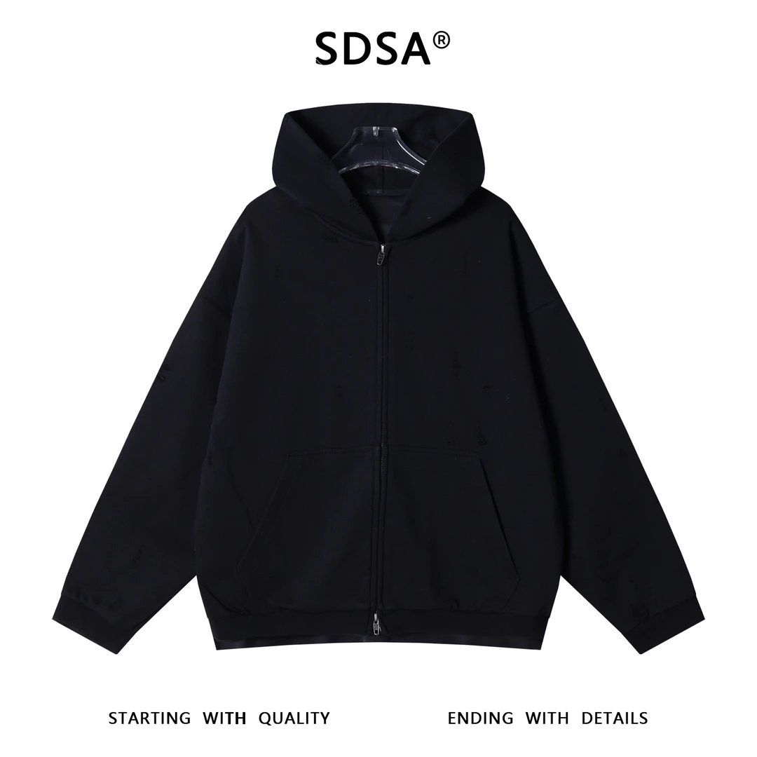 SDSA男士秋冬新款痞帅男装潮牌拼接破洞连帽卫衣百搭时尚开衫上衣
