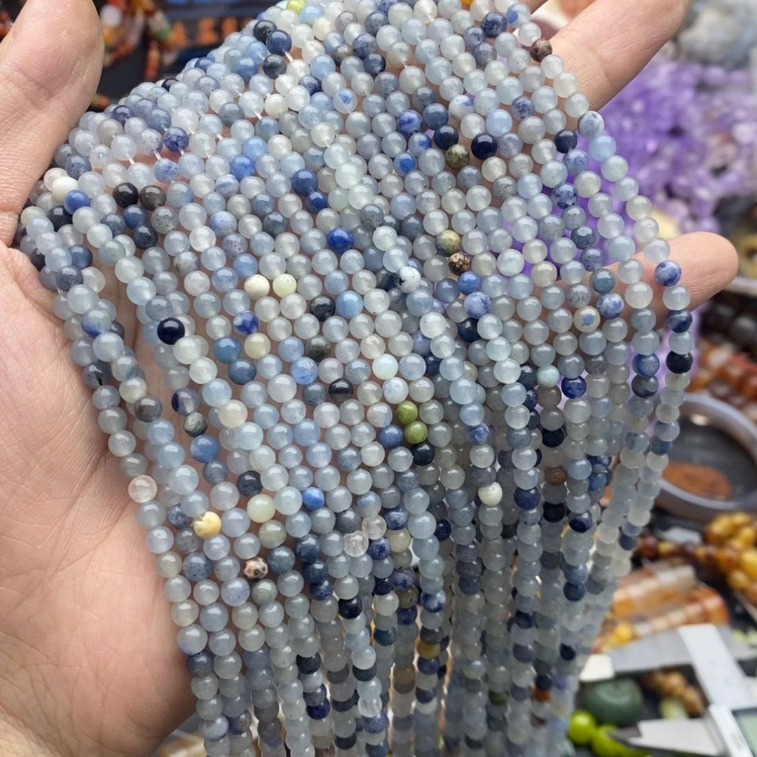 玛瑙/玉髓未镶嵌珠宝半成品两条天然4mm透体蓝东岭玉圆珠
