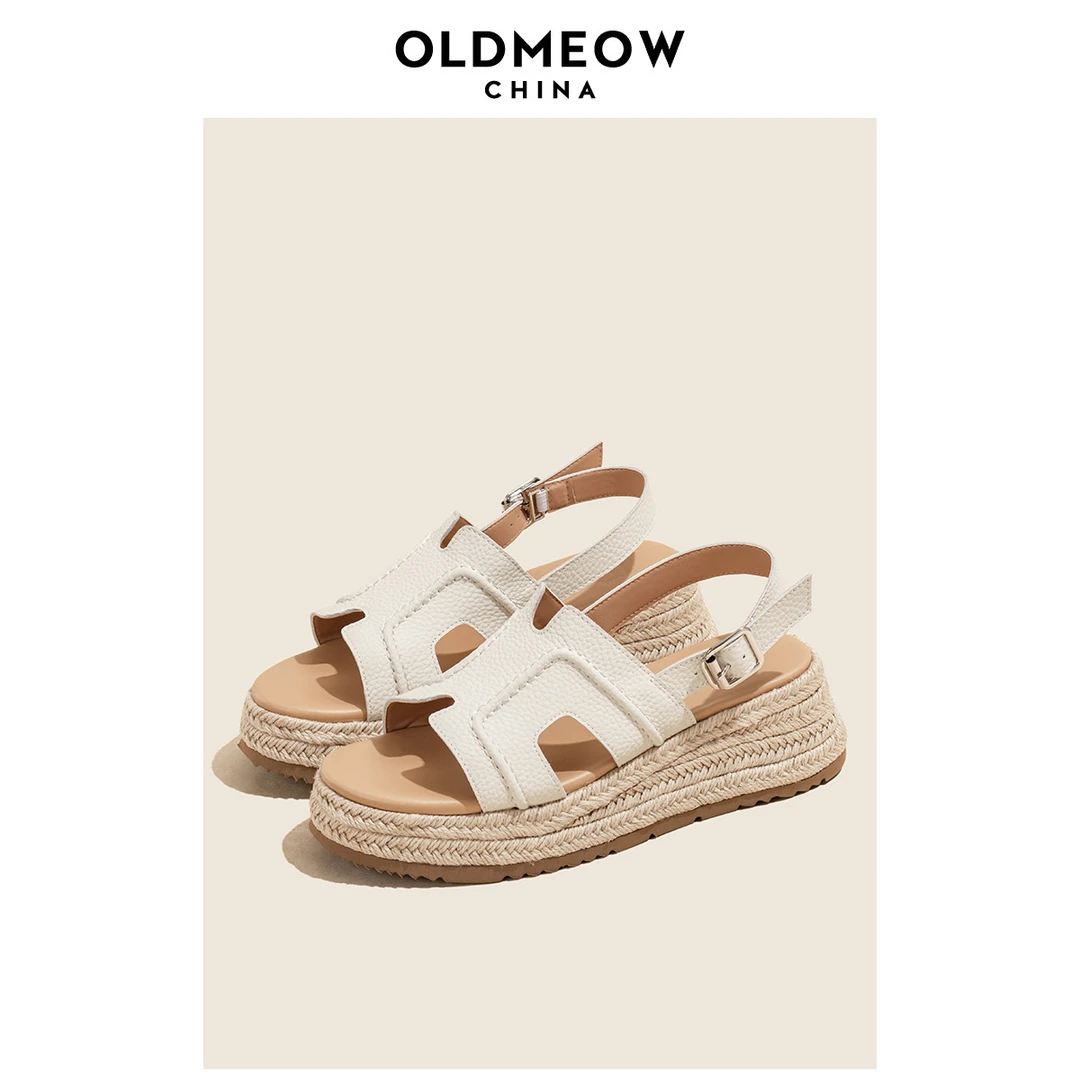 露思同款正品一字凉鞋女草编厚底松糕厚底高跟拖鞋子女