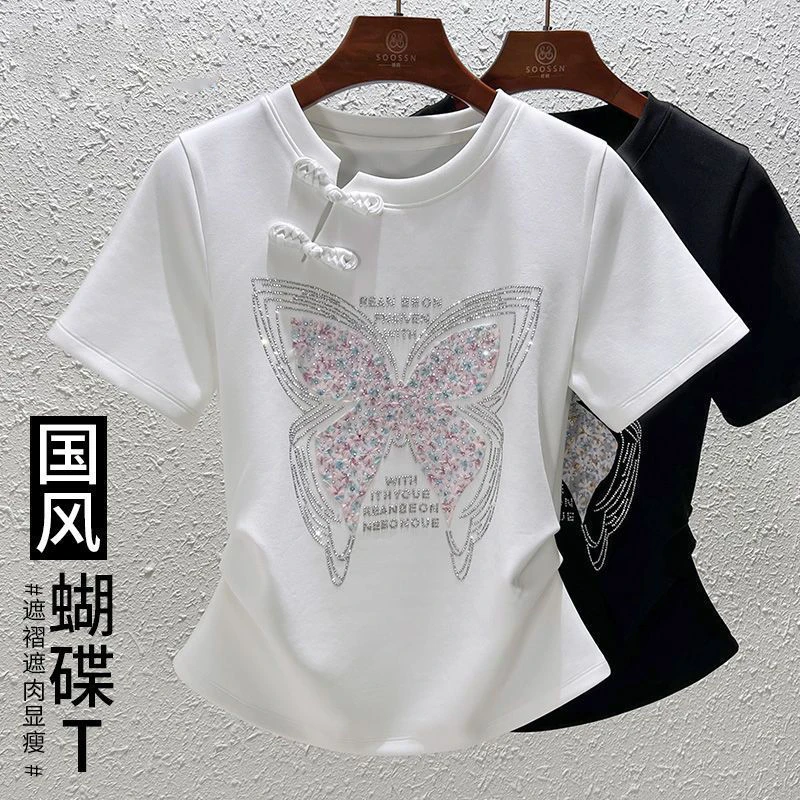 盘扣洋气t恤女烫钻蝴蝶印花修身休闲正肩短袖夏季上衣潮舒适大码