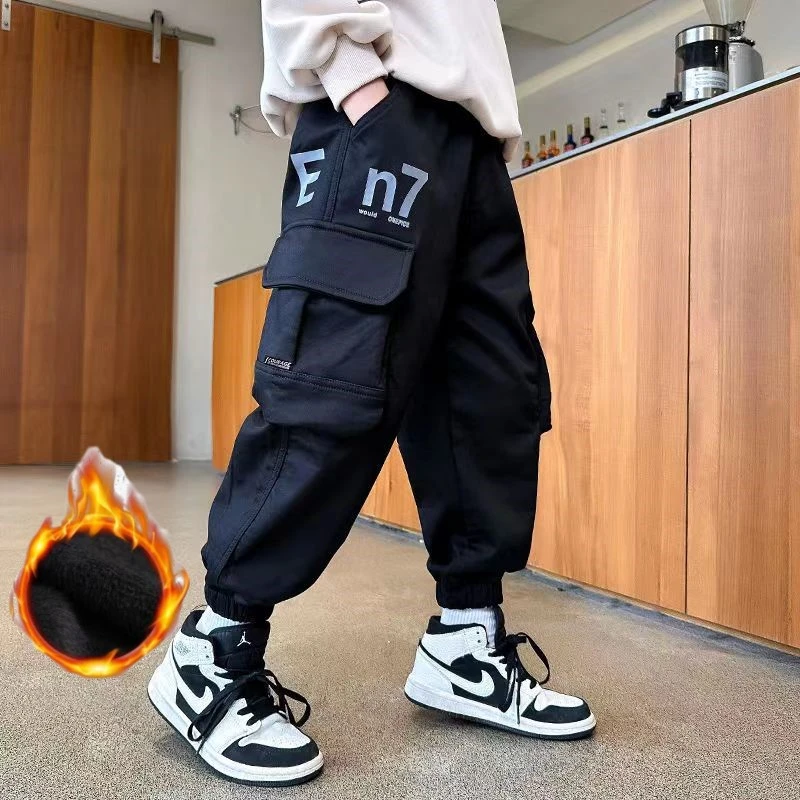 男童百搭休闲工装裤秋冬款加绒加厚工装裤中大童休闲裤运动宽松裤