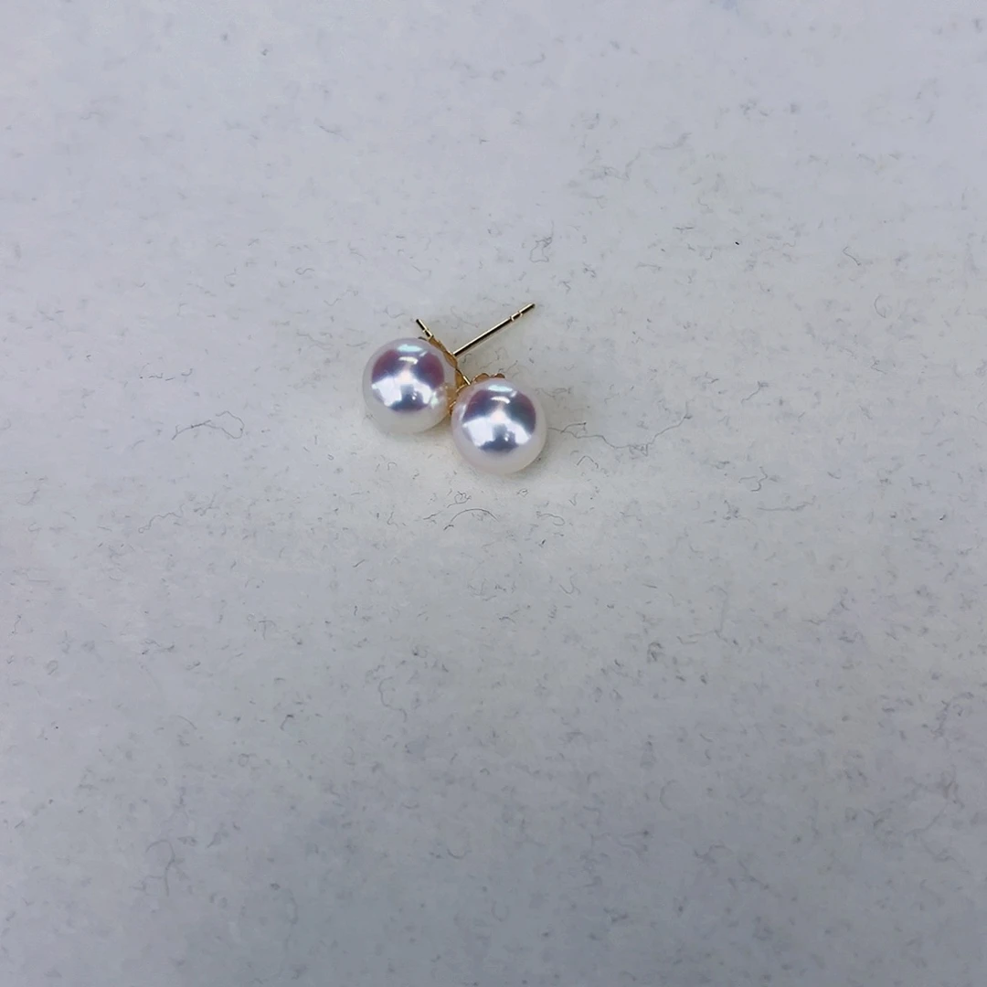 海水珍珠海水akoya天女耳钉7.5-8mm18K金镶嵌