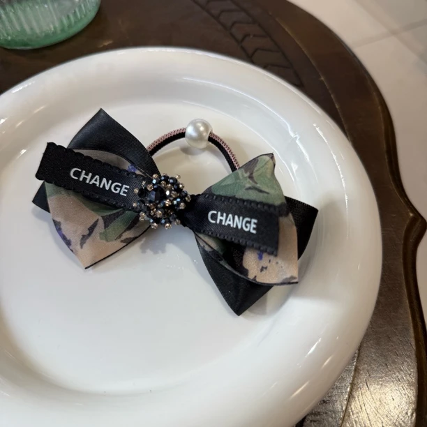 7651不对称黑长纱短蝴蝶结皮筋