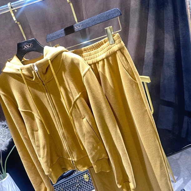 XXJ 韩版简约加厚连帽外套 高腰修身阔腿裤休闲时尚套装8967