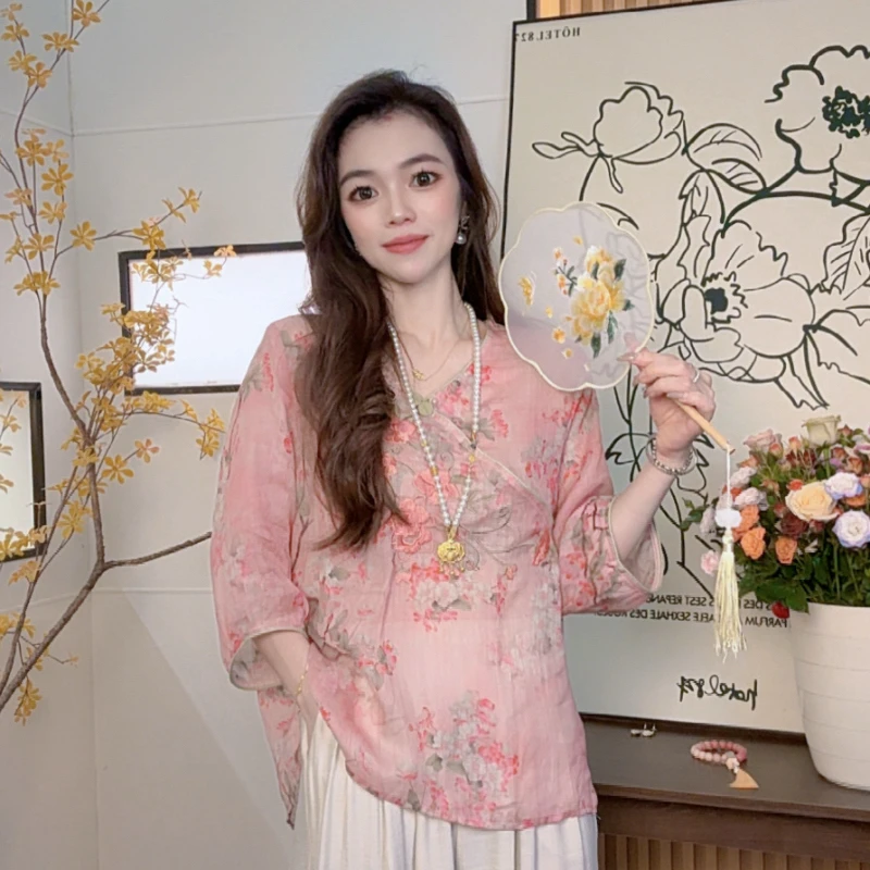 金粉世家-夏季复古减龄文艺刺绣麻纱国风宽松五分袖轻薄百搭衬衫