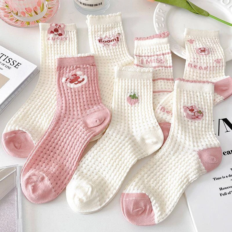 【新疆棉】草莓熊袜子女中筒夏季薄款网眼透气花边袜ins可爱女袜