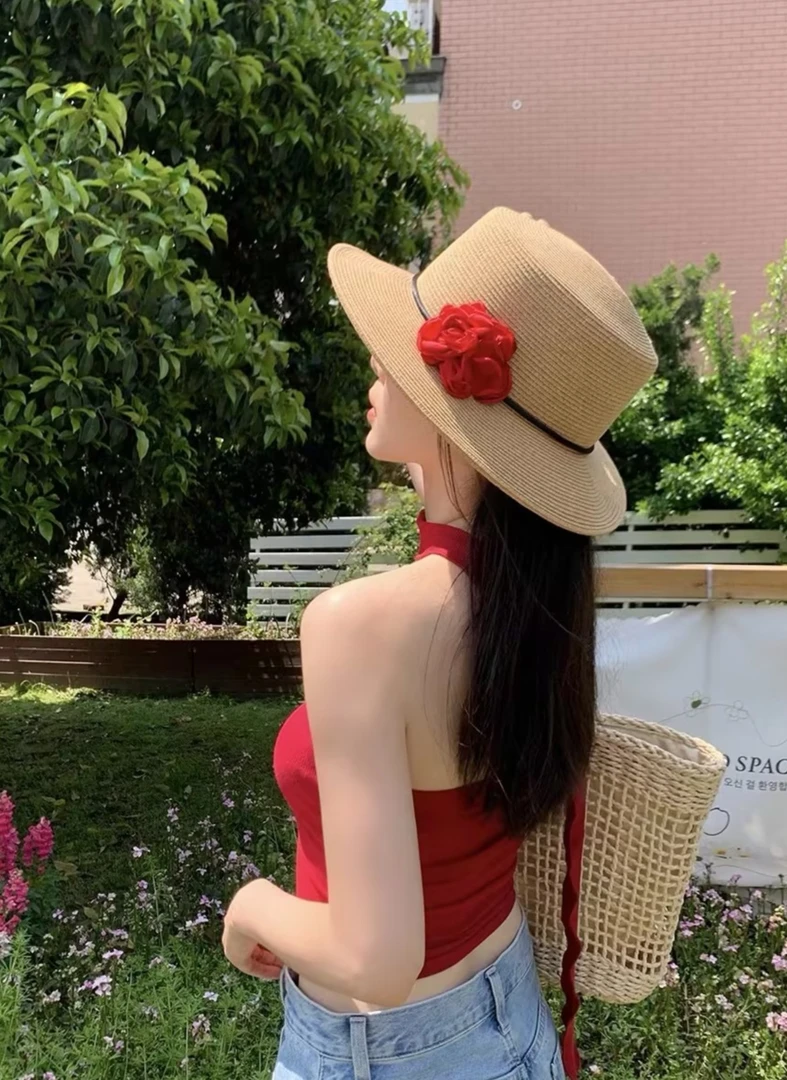 法式花朵草帽女夏季草编织平顶礼帽海边度假沙滩拍照防晒太阳帽子