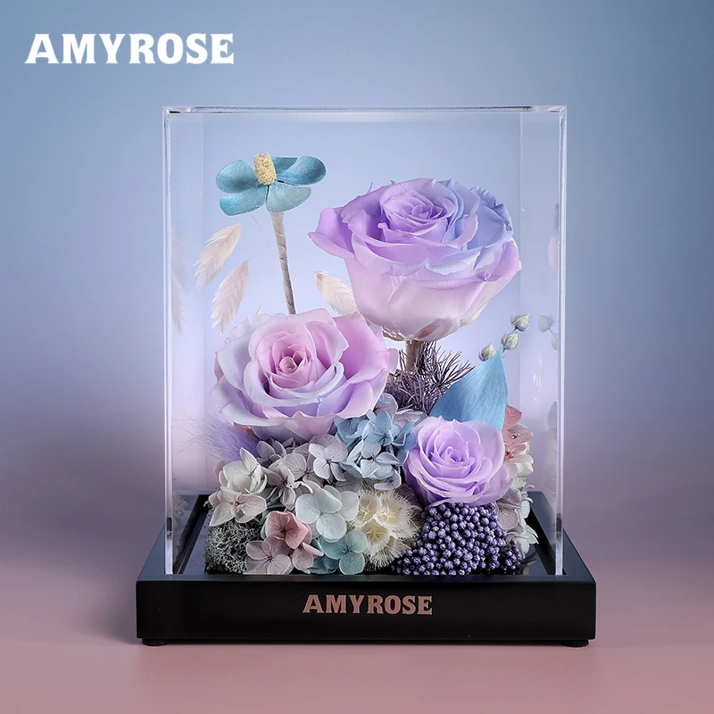 AMYROSE永生花真玫瑰花束高级摆件中秋情人节生日礼物新婚礼盒