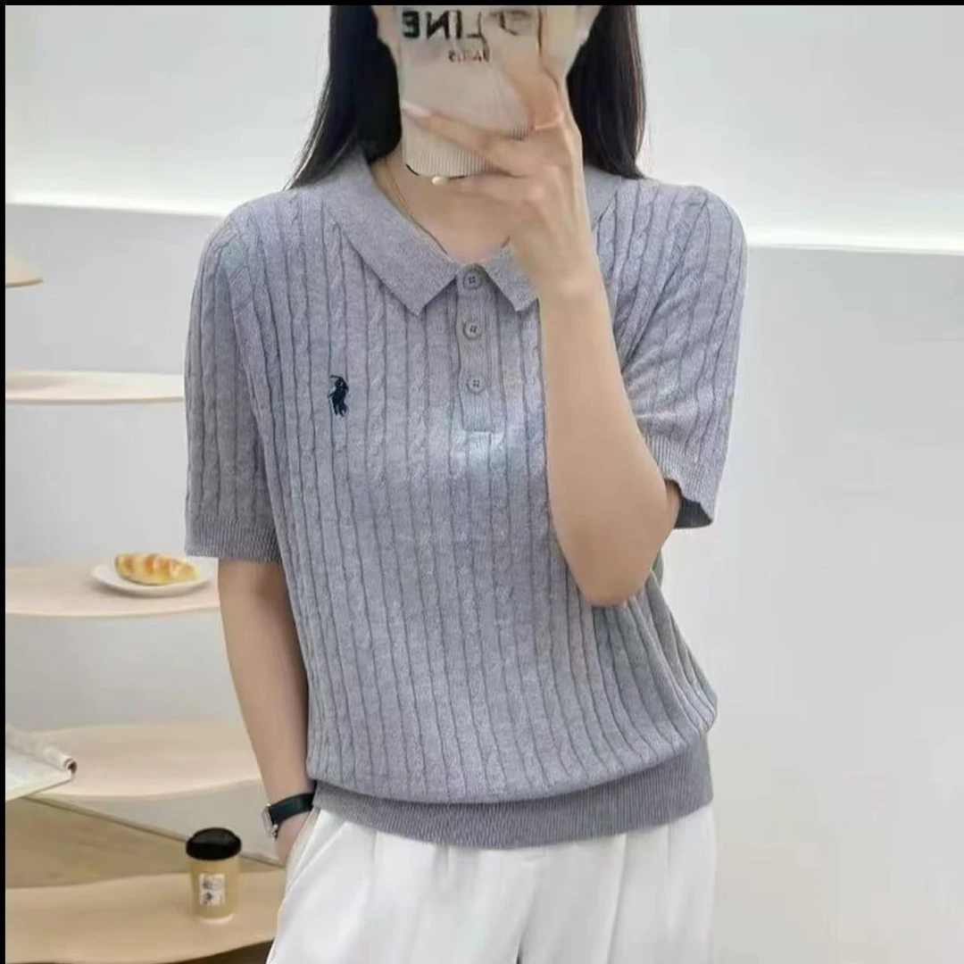 秋季POLO领短袖宽松显瘦针织衫女  098