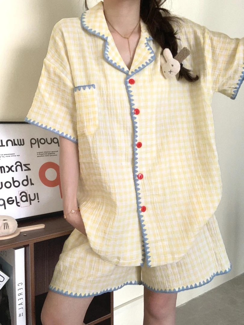 2025新款睡衣女夏简约拼色格子韩版宽松学生可外穿短袖家居服套装