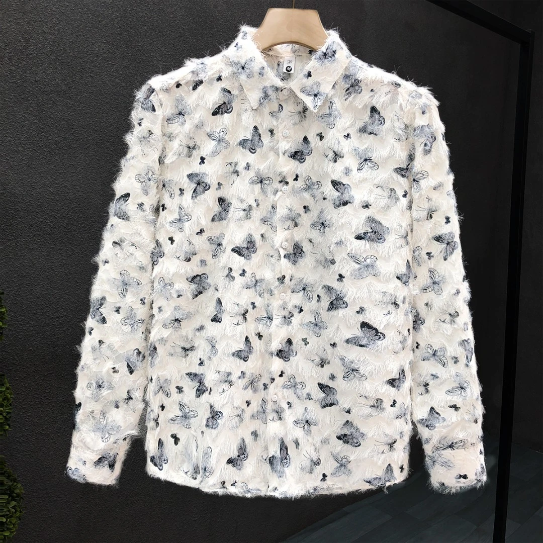 设计感小众毛绒痞帅衬衫男潮牌修身早秋上衣男士精神小伙网红衬衣