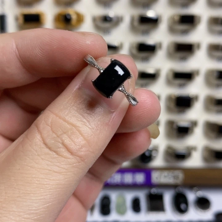 翡翠戒指银S925镶嵌墨翠戒指