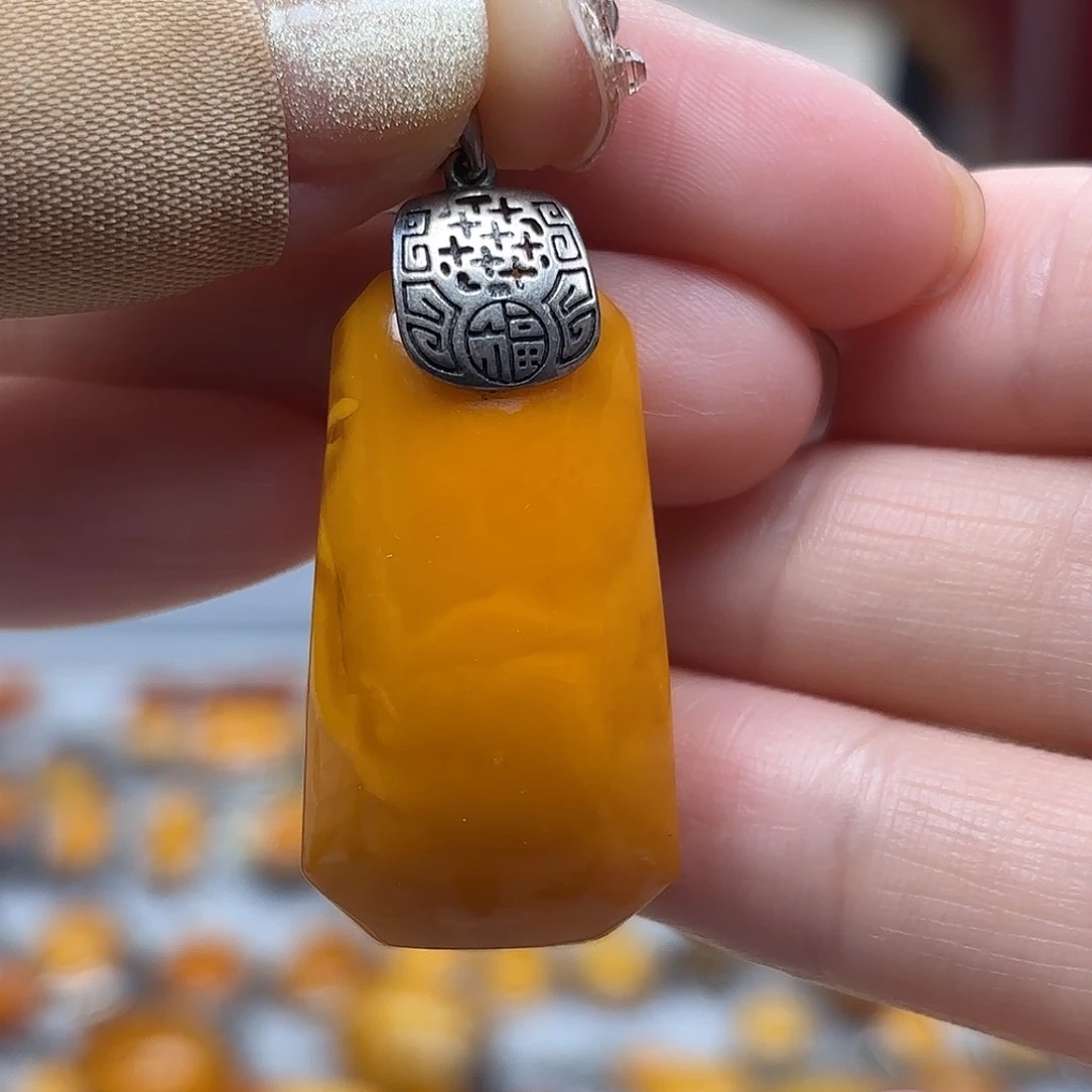 琥珀裸石银S925镶嵌7吊坠