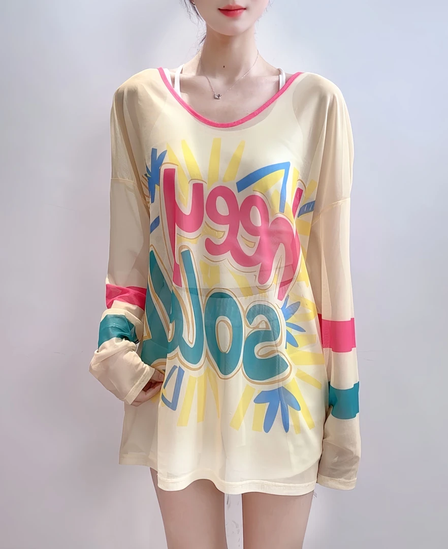 夏季漏背时尚设计感定位花网纱罩衫宽松休闲百搭气质圆领长袖3307