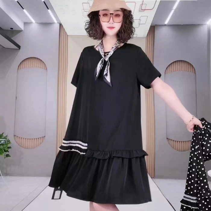 哥弟阿玛施正宽松黑色点点连衣裙女2025夏季新款洋气减龄遮肚子