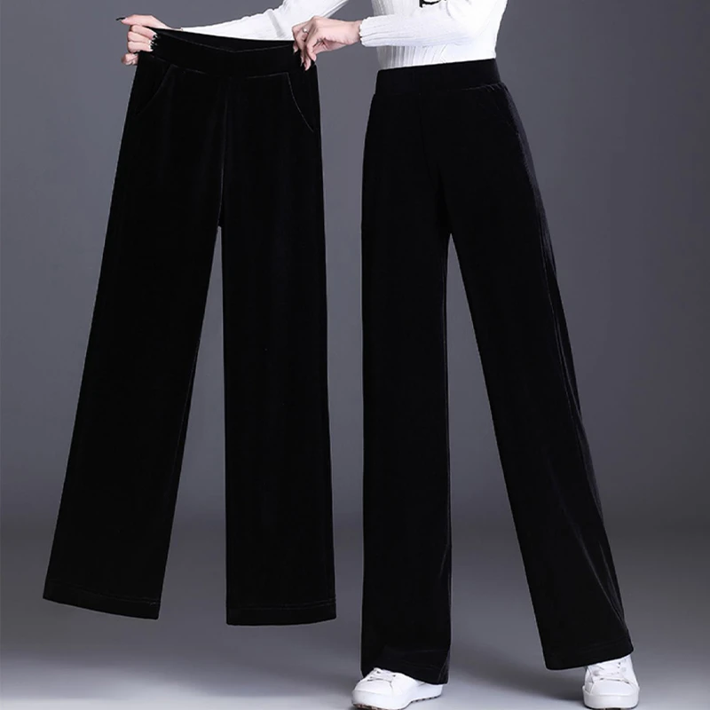 金丝绒阔腿裤女春秋款弹力高腰垂感大码胖mm宽松显瘦松紧腰直筒裤