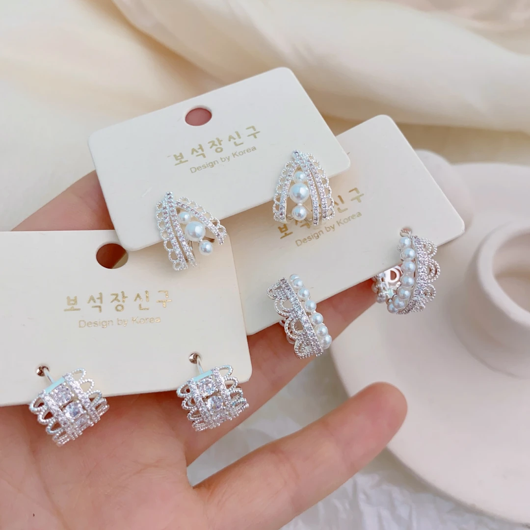 铜合金耳饰 超仙镶锆石珍珠皇冠蕾丝耳环女温柔甜美耳扣耳钉耳饰