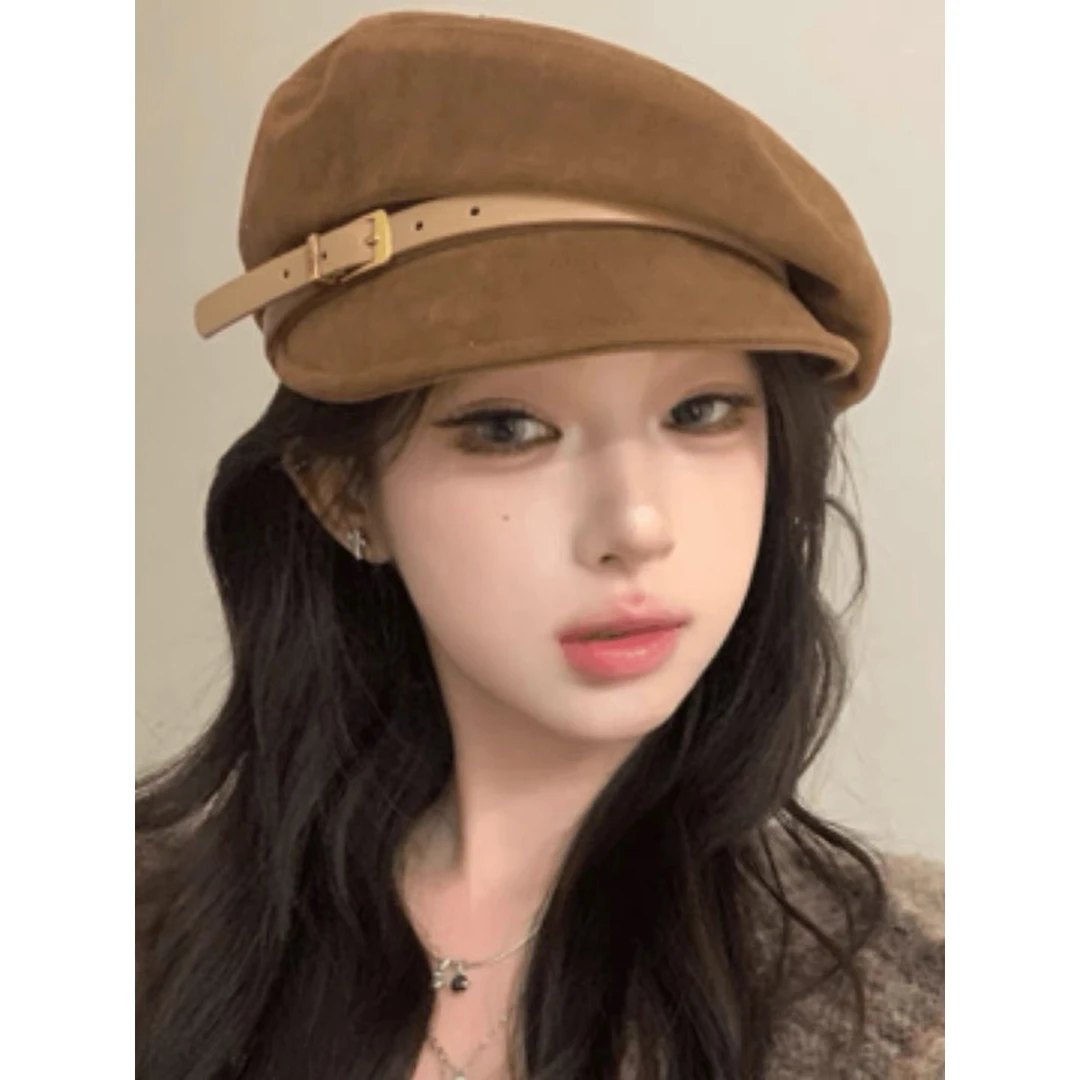 美拉德风皮带扣大头围报童帽女2024新款秋冬日系翻毛皮保暖鸭舌帽