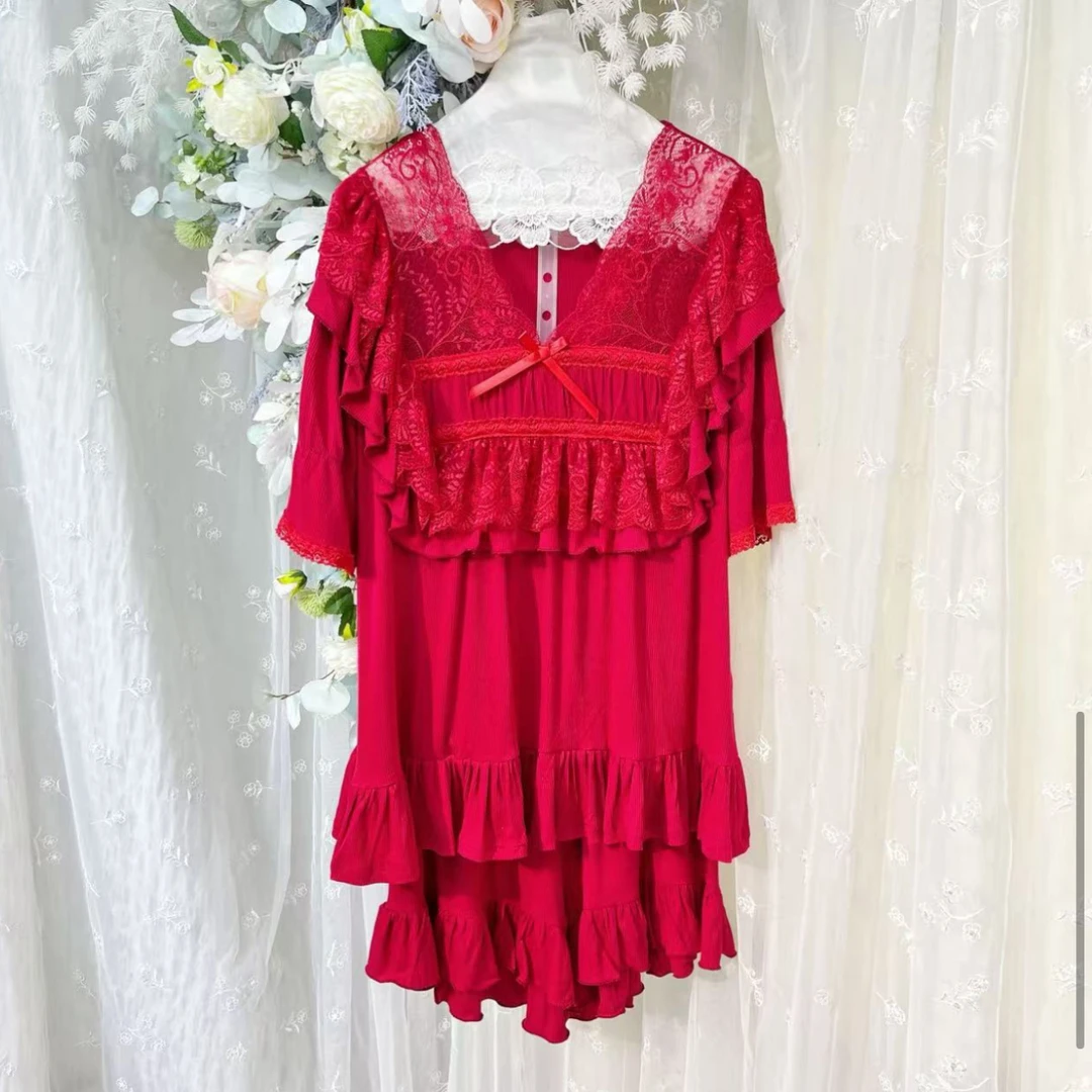 仙仙宫廷风大码新品螺纹棉半袖短裤蕾丝夏季套装睡衣