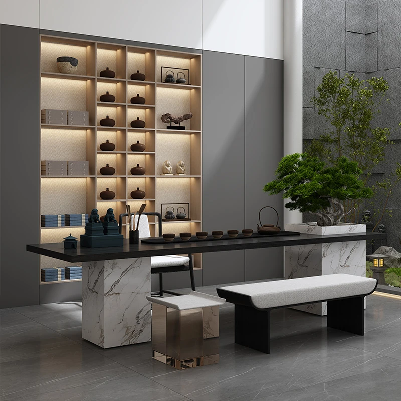 岩板茶桌轻奢现代高级感2025新款高端茶室办公室胡桃木茶台泡茶桌