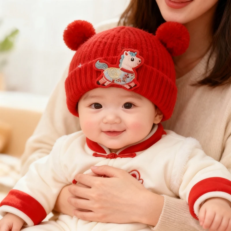宝宝帽子冬天新年红色喜庆毛线帽婴儿圣诞保暖男女小孩周岁针织帽