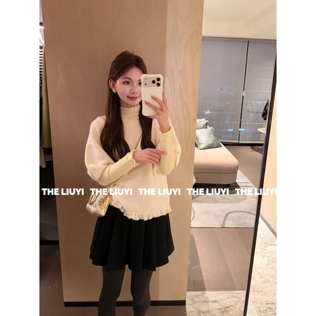 【LIUYI】气质韩女~气质木耳边针织打底短袖针织毛衣两件套51105C6