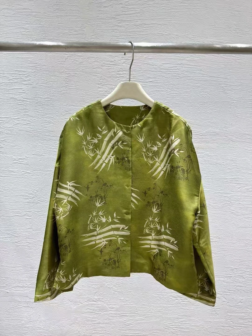 断码福利No退换 春季新款 新中式圆领国风竹影真丝羊毛上衣外套女