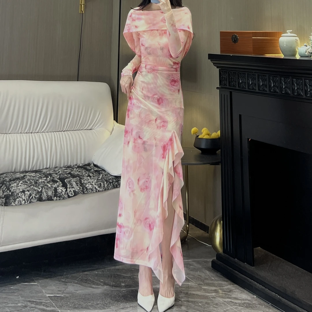 轻奢气质女人味连帽一字领长袖晨露玫瑰显瘦修身百搭开叉连衣裙