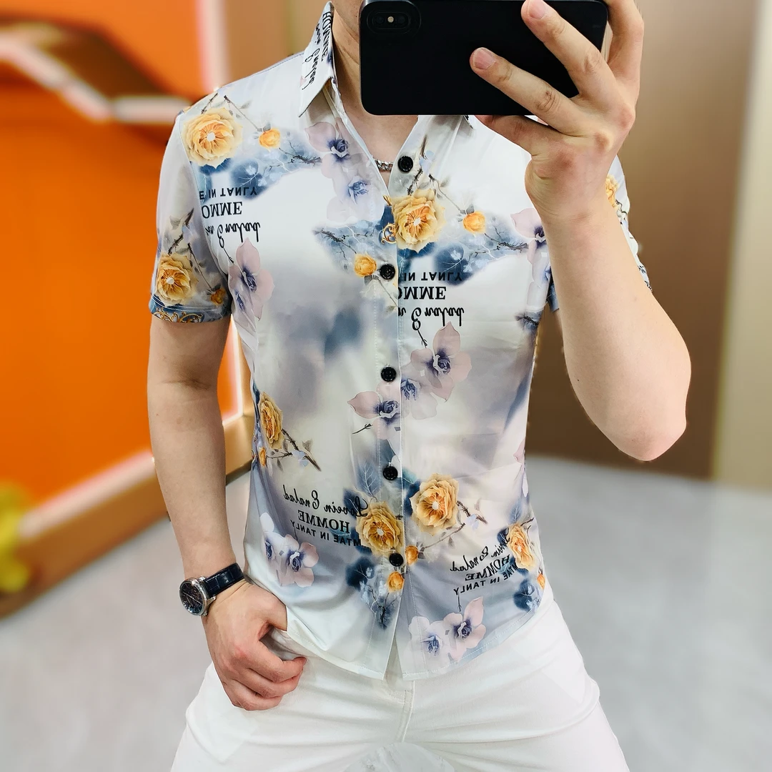 阿凯严选  高品质夏季新款男士潮流修身冰丝提花个性短袖时尚衬衫