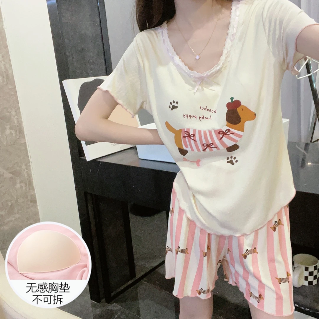 短袖睡衣女夏季凉感大码带胸垫2025新款粉条纹狗家居服套装
