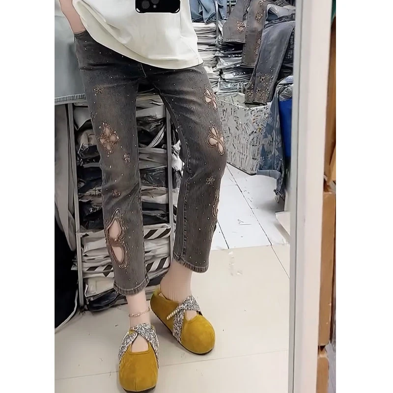 夏季薄款蓝色镂空直筒牛仔裤女大码胖mm刺绣镶钻小个子九分烟管裤